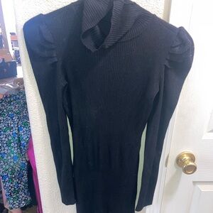 Turtleneck long sleeve puffy shoulder bodycon midi dress